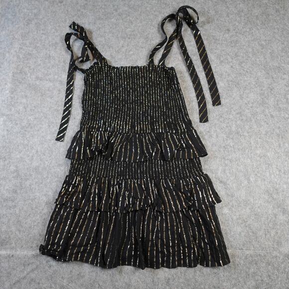House of Harlow Dress Womens Small Mini Ruffle Tie Strap Striped Metallic Black - Picture 1 of 9